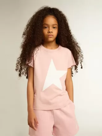 Rosa T-shirt för flickor med vit logotyp och stor stjärna