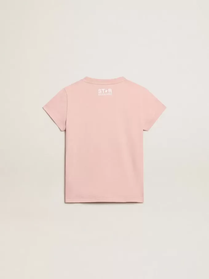 Rosa T-shirt för flickor med vit logotyp och stor stjärna