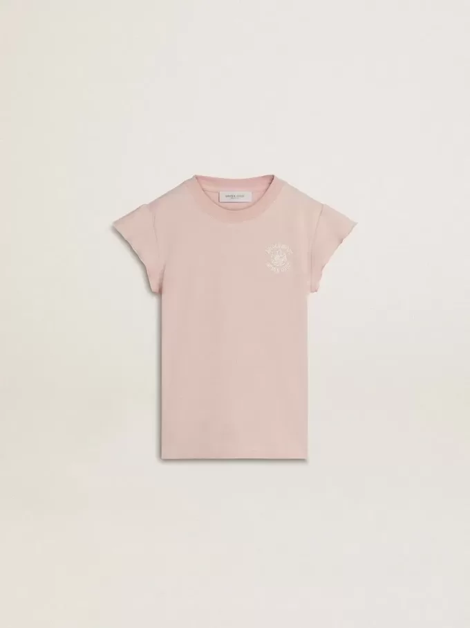 Rosa T-shirt för flickor med volangärmar och broderi Rosa T-shirt för flickor med volangärmar och broderi