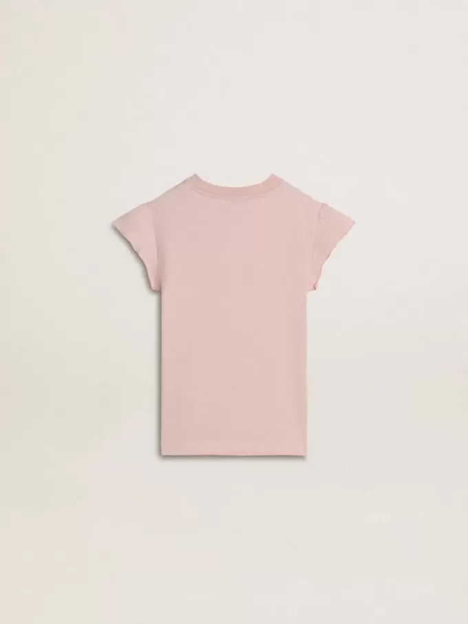 Rosa T-shirt för flickor med volangärmar och broderi Rosa T-shirt för flickor med volangärmar och broderi