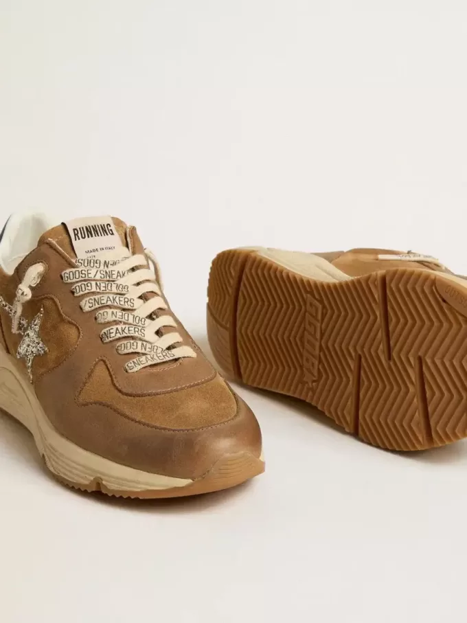 Running Sole för damer i tobaksfärgat nappa- och mocka-läder med silverglittrande stjärna