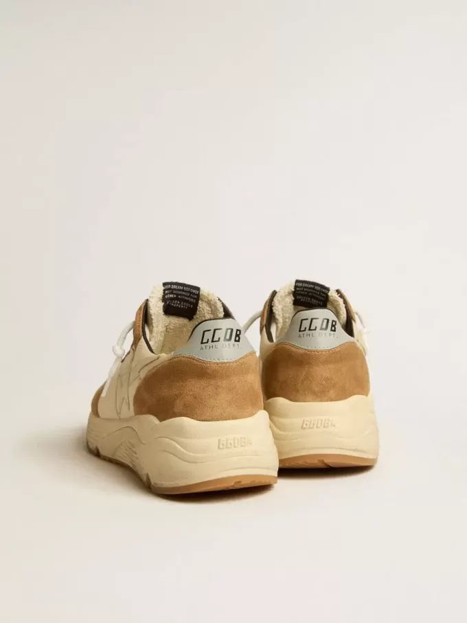 Running Sole för herr i elfenbensvit nylon och tobaksfärgad mocka