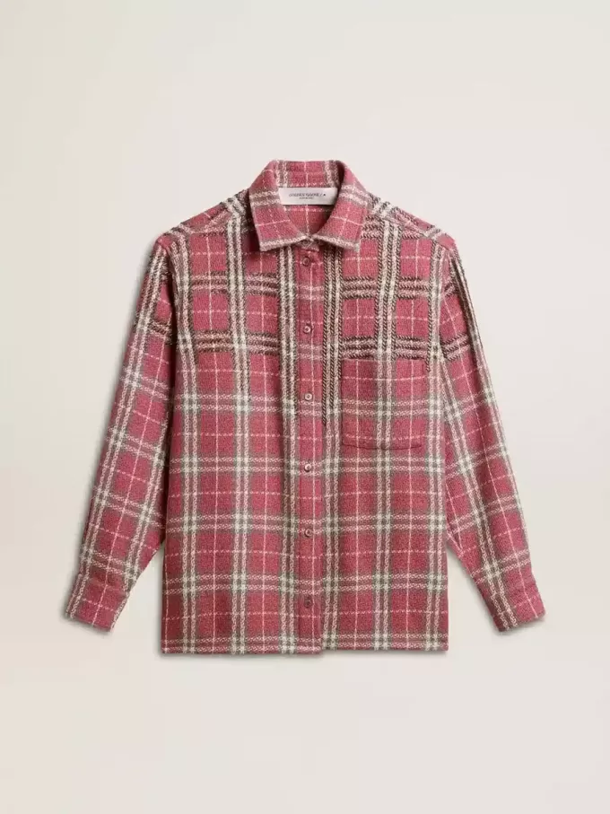 Skjorta med boxig passform och broderi i rosa, sandfärgat och grått rutmönster
