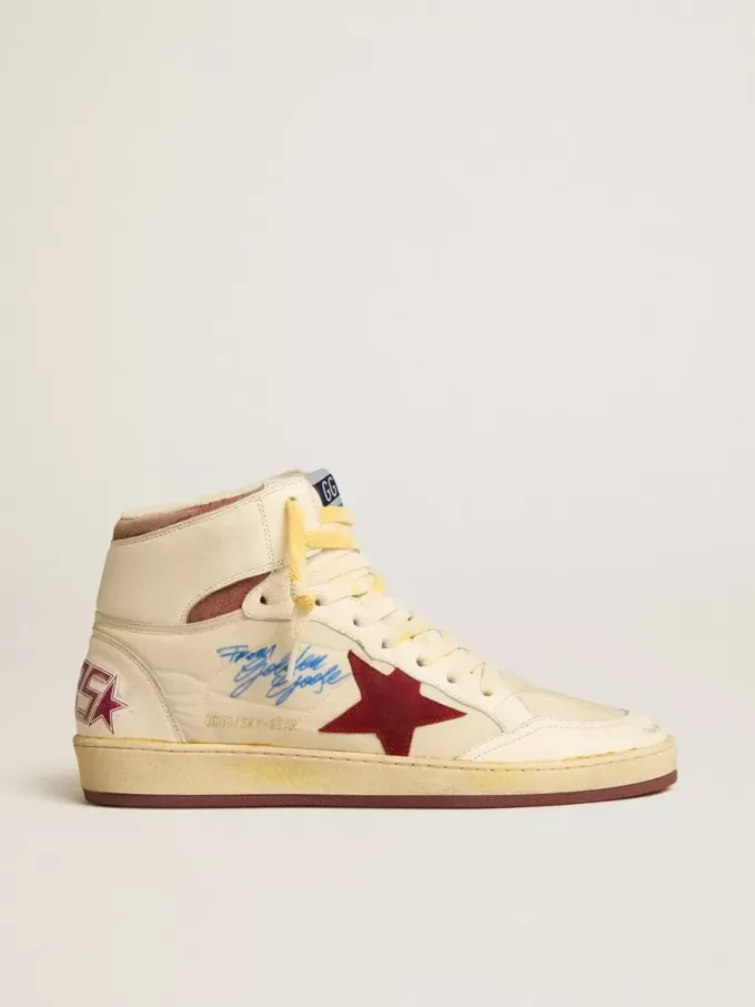 Sky-Star i beige nylon och nappa med granatäpplefärgad mocka-stjärna Sky-Star i beige nylon och nappa med granatäpplefärgad mocka-stjärna