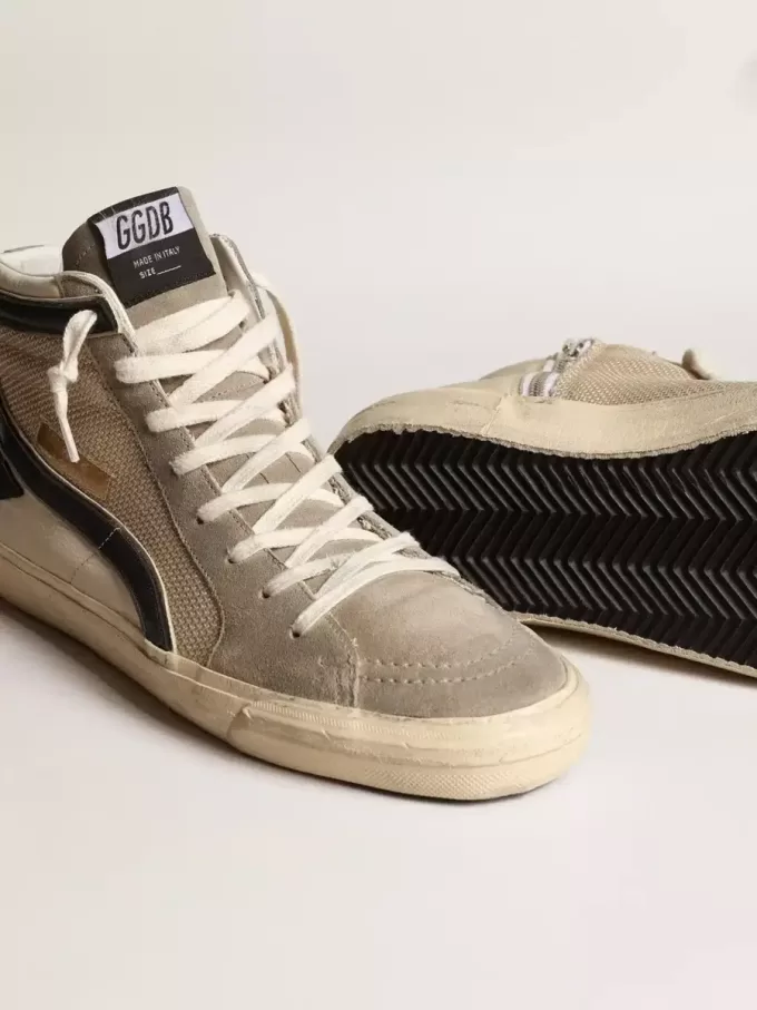Slide i beige mesh och nylon med blå läderstjärna och blixt Slide i beige mesh och nylon med blå läderstjärna och blixt