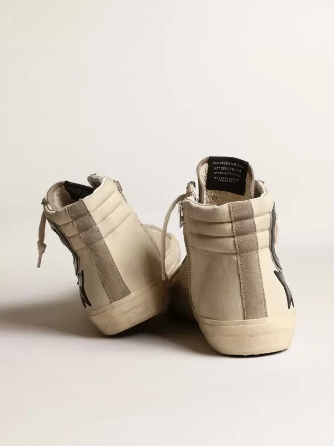 Slide i beige mesh och nylon med blå läderstjärna och blixt Slide i beige mesh och nylon med blå läderstjärna och blixt