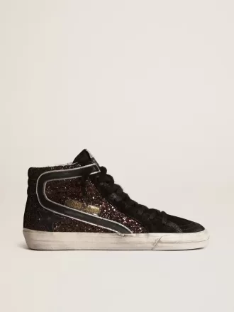 Slide i brunt glitter med svart läderstjärna och blixt