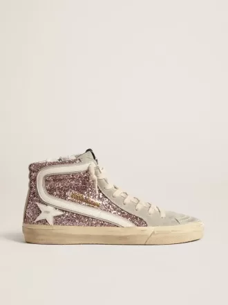 Slide i lila glitter med vit läderstjärna och flash