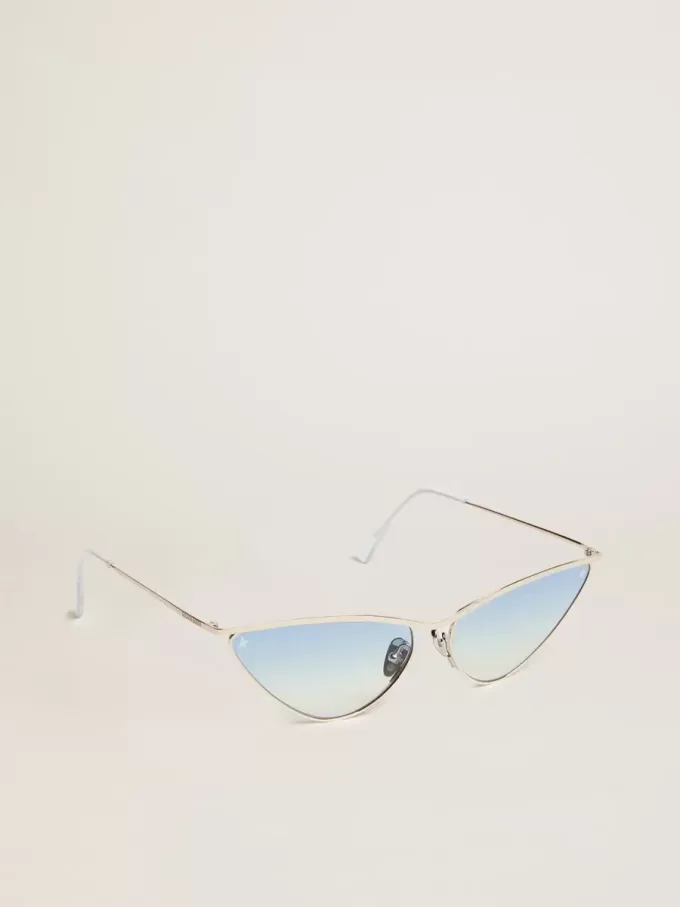 Solglasögon i cat-eye-stil med silverbåge och blåa glas