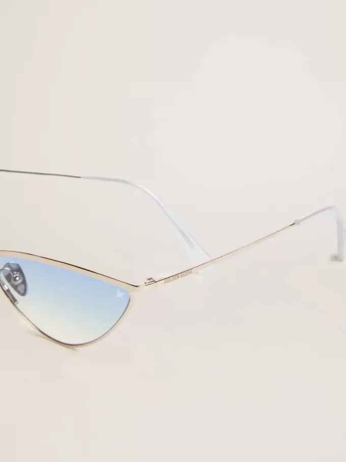 Solglasögon i cat-eye-stil med silverbåge och blåa glas