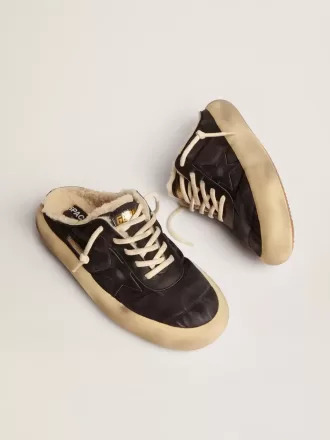 Space-Star Sabot-skor för herr i quiltad svart nylon med shearlingfoder