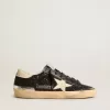 Super-Star för damer i svart glitter och nappa med krämfärgad läderstjärna och hälflik Super-Star för damer i svart glitter och nappa med krämfärgad läderstjärna och hälflik