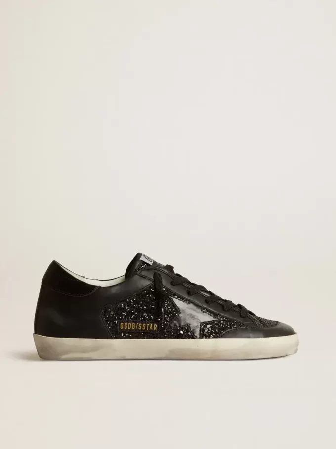 Super-Star för damer i svart nappa och glitter med glänsande svart läderstjärna Super-Star för damer i svart nappa och glitter med glänsande svart läderstjärna
