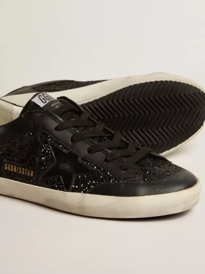 Super-Star för damer i svart nappa och glitter med glänsande svart läderstjärna Super-Star för damer i svart nappa och glitter med glänsande svart läderstjärna