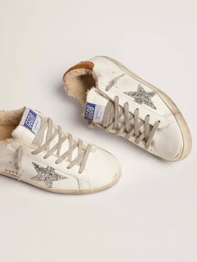 Super-Star för damer med shearlingfoder och silverglittrande stjärna