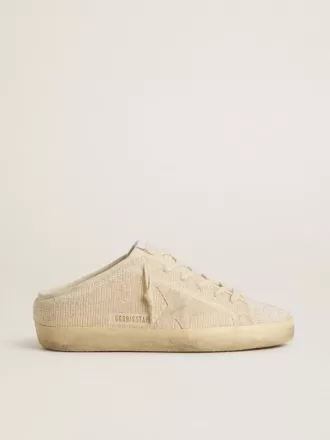 Super-Star Sabot för damer i beige canvas med broderade pärlor och beige mockastjärna