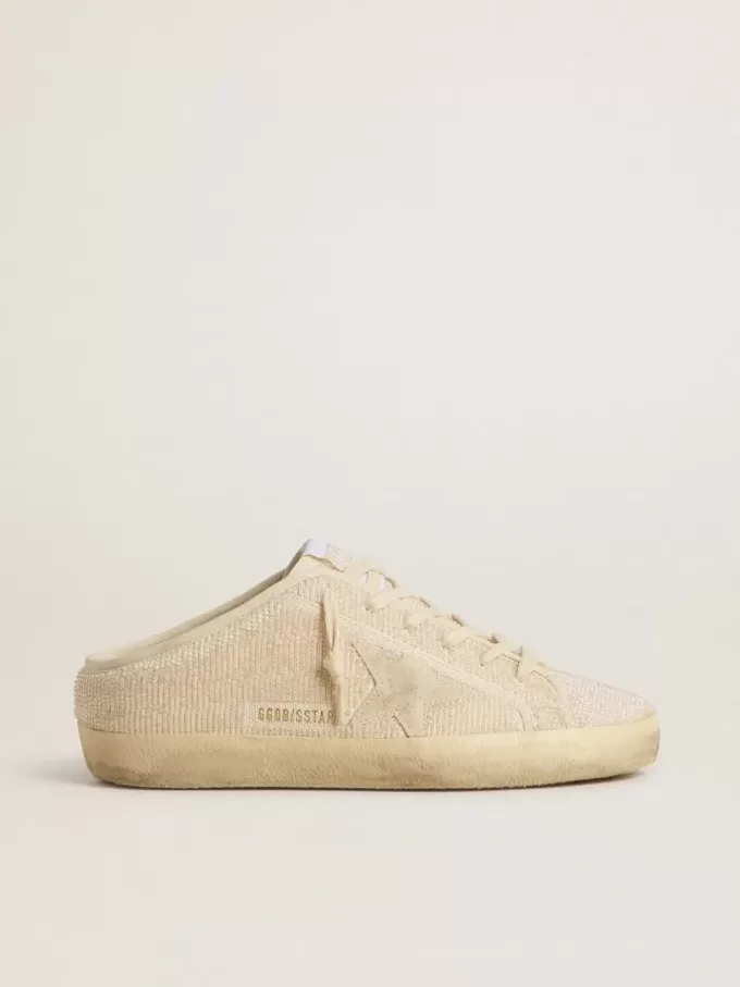 Super-Star Sabot för damer i beige canvas med broderade pärlor och beige mockastjärna
