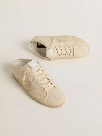 Super-Star Sabot för damer i beige canvas med broderade pärlor och beige mockastjärna