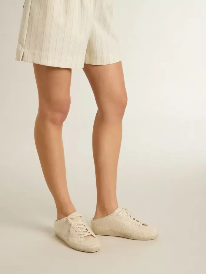 Super-Star Sabot för damer i beige canvas med broderade pärlor och beige mockastjärna