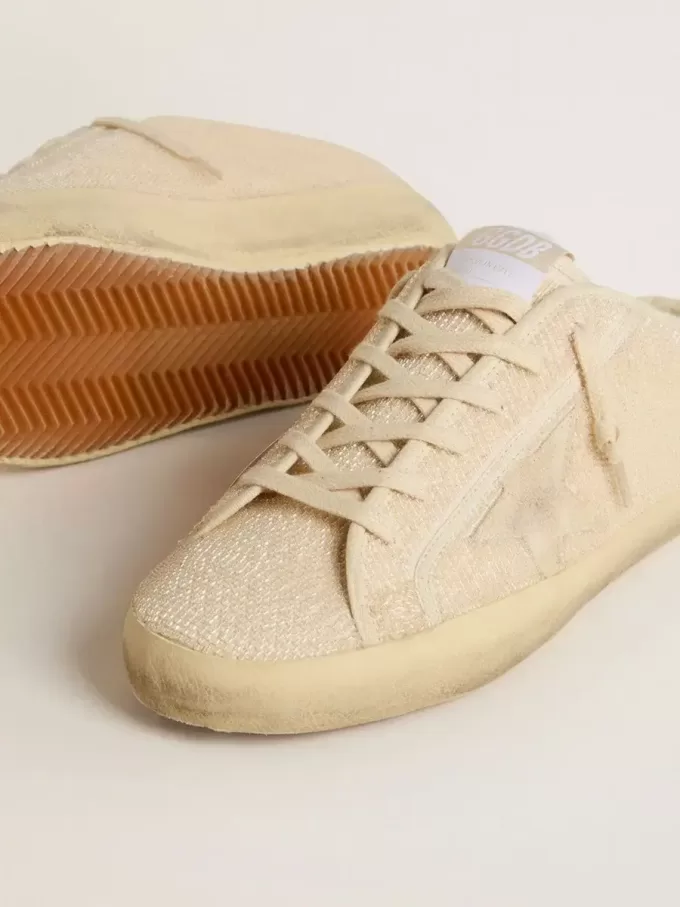 Super-Star Sabot för damer i beige canvas med broderade pärlor och beige mockastjärna
