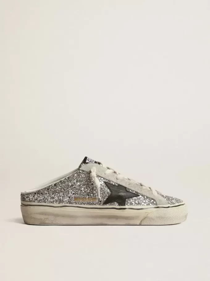 Super-Star Sabot för damer i silverglitter med svart läderstjärna