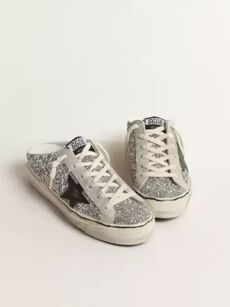 Super-Star Sabot för damer i silverglitter med svart läderstjärna