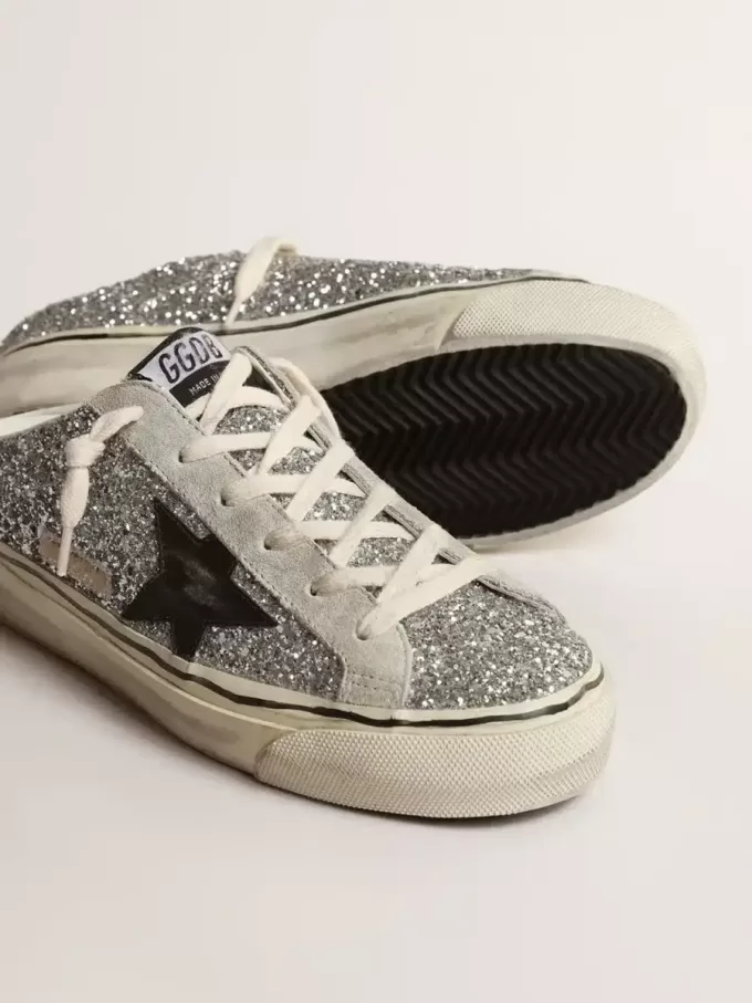 Super-Star Sabot för damer i silverglitter med svart läderstjärna