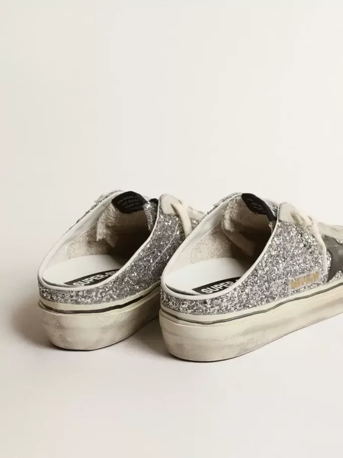 Super-Star Sabot för damer i silverglitter med svart läderstjärna