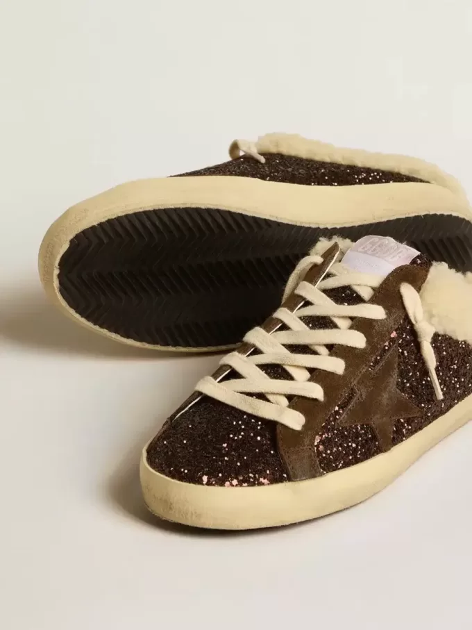 Super-Star Sabots i glitter med brun stjärna och foder i fårskinn