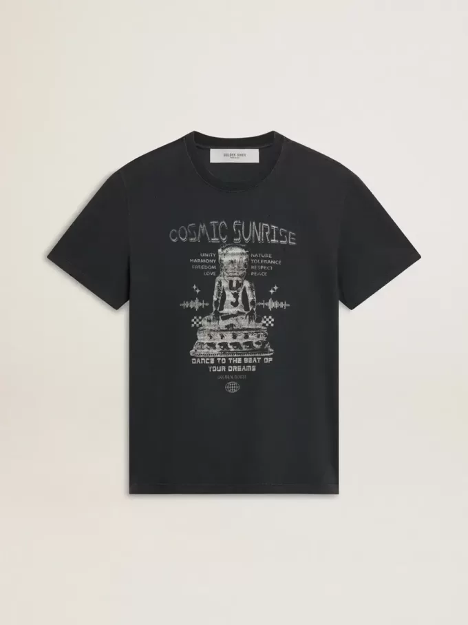 Svart bomullst-shirt för herr med tryck på framsidan