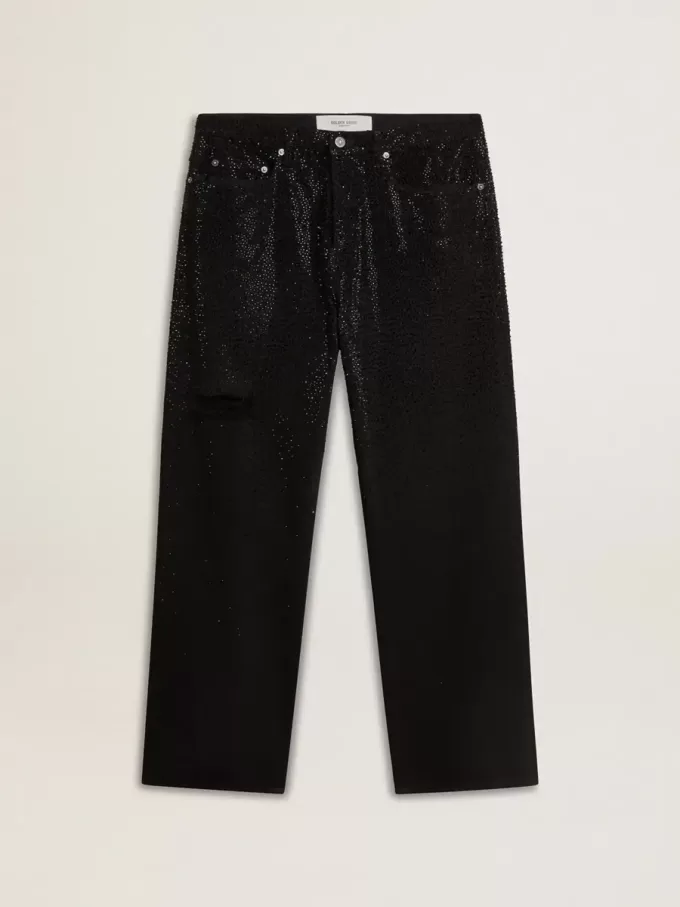Svarta jeans för herr med lös passform och kristaller med gradienteffekt över hela plagget Svarta jeans för herr med lös passform och kristaller med gradienteffekt över hela plagget