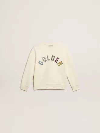 Sweatshirt i åldrat vitt med flerfärgad Golden-text på framsidan