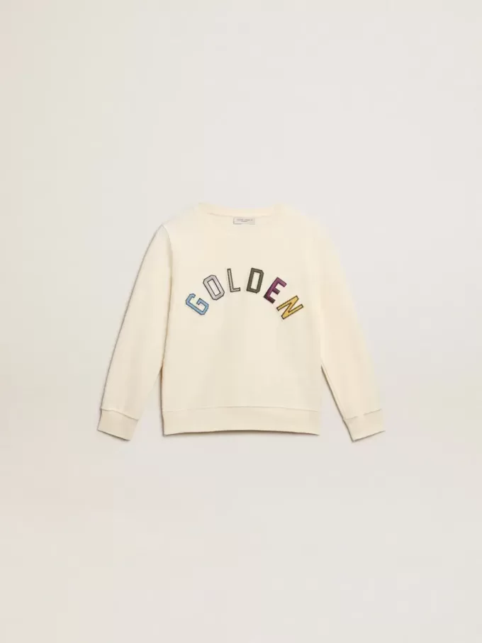 Sweatshirt i åldrat vitt med flerfärgad Golden-text på framsidan Sweatshirt i åldrat vitt med flerfärgad Golden-text på framsidan
