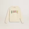 Sweatshirt i åldrat vitt med flerfärgad Golden-text på framsidan Sweatshirt i åldrat vitt med flerfärgad Golden-text på framsidan