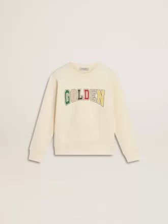 Sweatshirt i åldrat vitt med flerfärgad Golden-text på framsidan