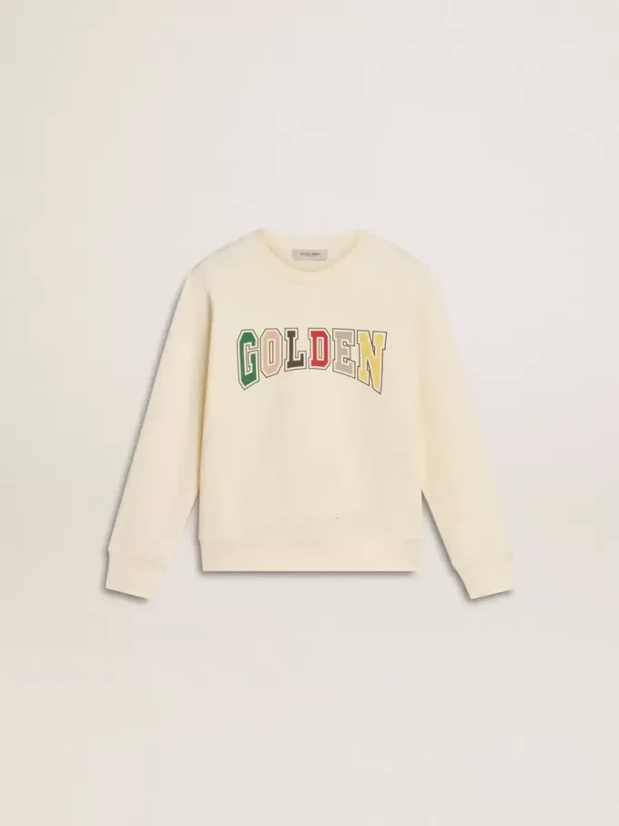 Sweatshirt i åldrat vitt med flerfärgad Golden-text på framsidan Sweatshirt i åldrat vitt med flerfärgad Golden-text på framsidan
