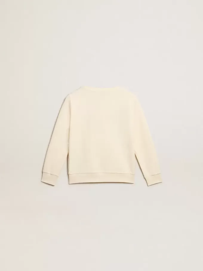 Sweatshirt i åldrat vitt med flerfärgad Golden-text på framsidan Sweatshirt i åldrat vitt med flerfärgad Golden-text på framsidan