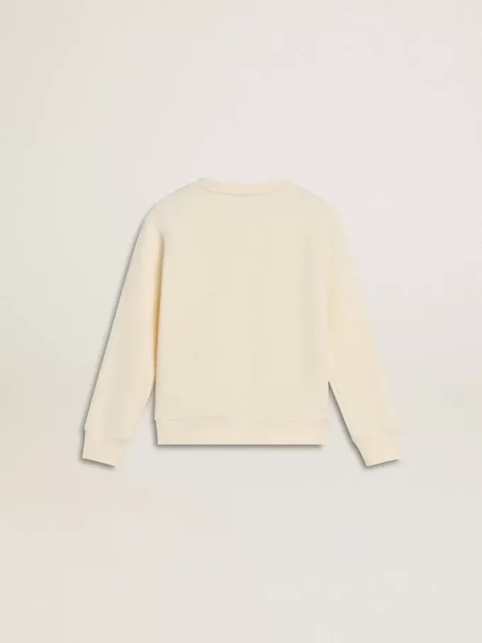 Sweatshirt i åldrat vitt med flerfärgad Golden-text på framsidan Sweatshirt i åldrat vitt med flerfärgad Golden-text på framsidan