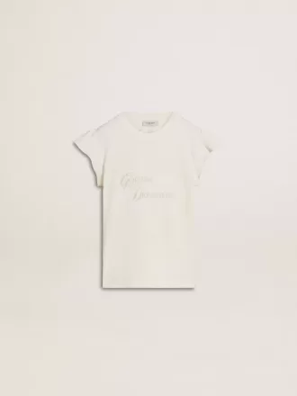 T-shirt för flickor med volangärmar, text och broderi