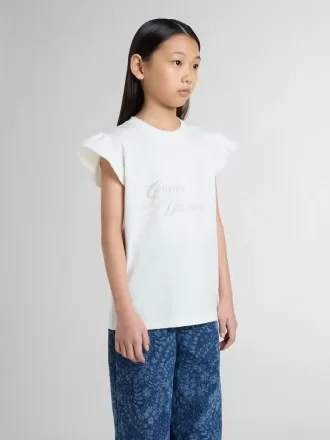 T-shirt för flickor med volangärmar, text och broderi