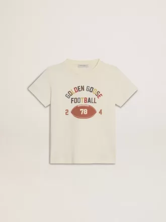 T-shirt för pojkar i slitet vitt med flerfärgade bokstäver