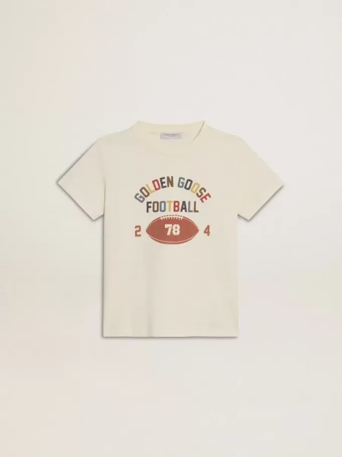 T-shirt för pojkar i slitet vitt med flerfärgade bokstäver T-shirt för pojkar i slitet vitt med flerfärgade bokstäver