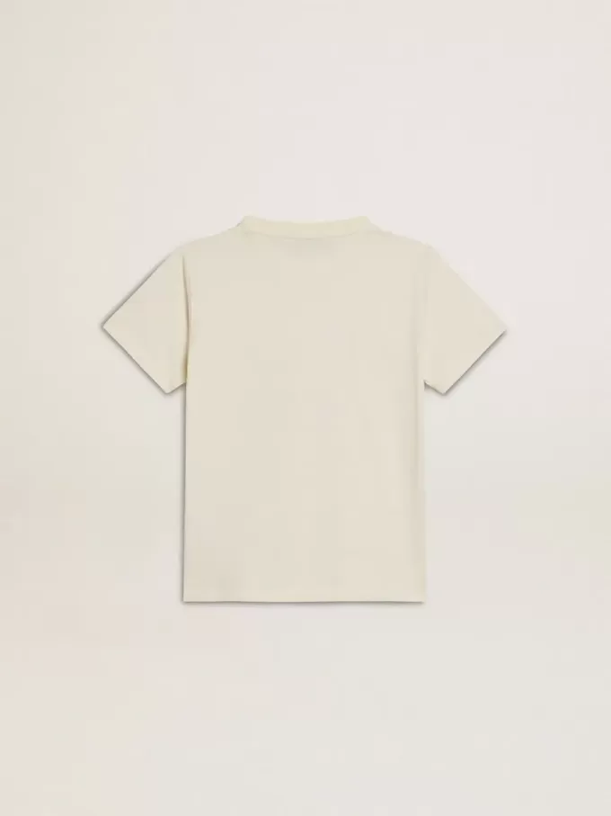 T-shirt för pojkar i slitet vitt med flerfärgade bokstäver T-shirt för pojkar i slitet vitt med flerfärgade bokstäver