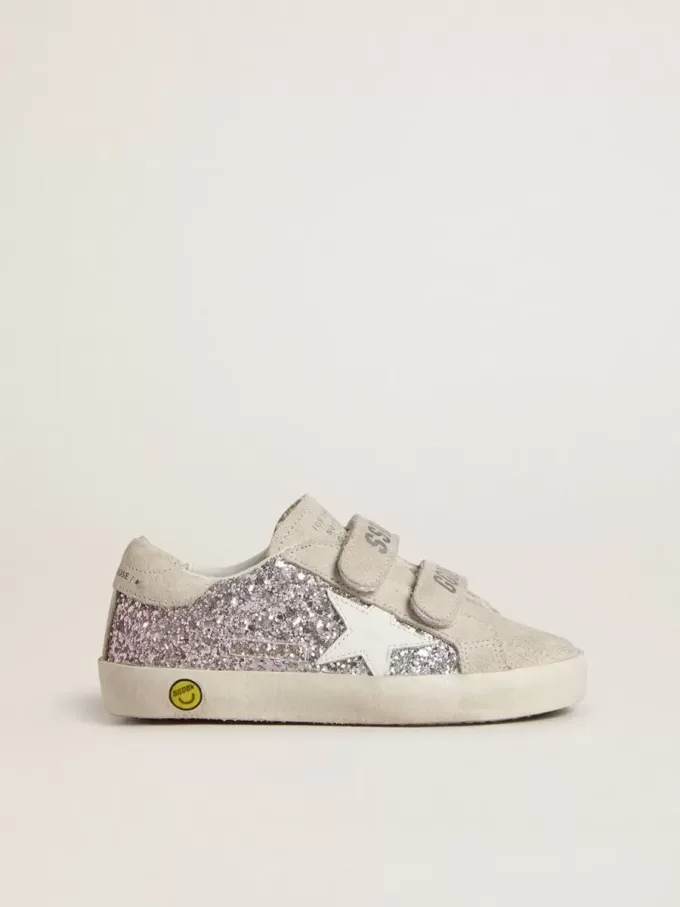 Teen Old School i silver och rosa glitter med vit läderstjärna Teen Old School i silver och rosa glitter med vit läderstjärna