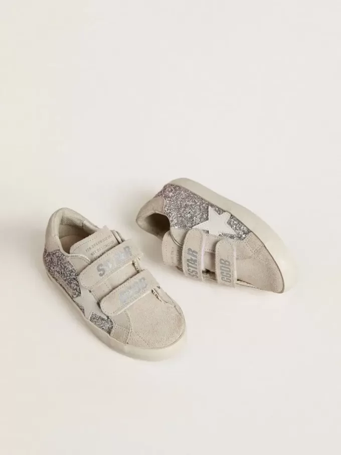 Teen Old School i silver och rosa glitter med vit läderstjärna Teen Old School i silver och rosa glitter med vit läderstjärna