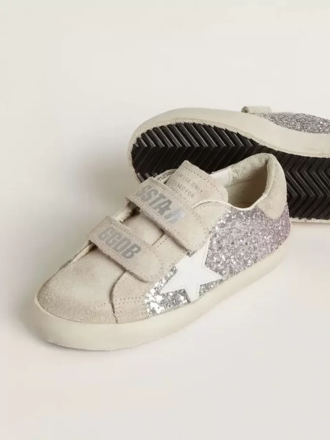 Teen Old School i silver och rosa glitter med vit läderstjärna Teen Old School i silver och rosa glitter med vit läderstjärna