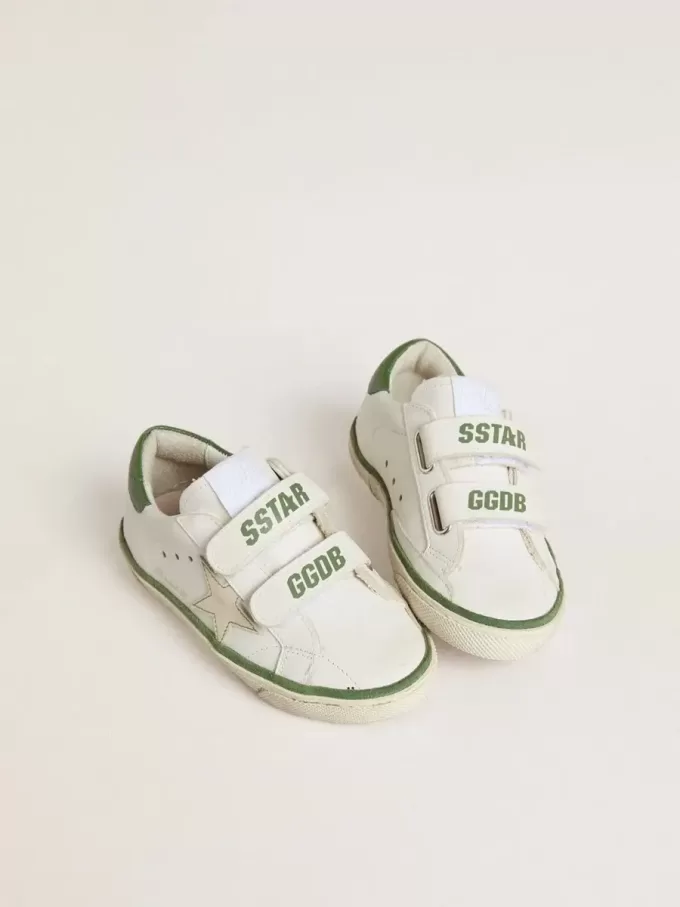 Teen Old School i vitt läder med grön nappa-hälflik och grönt insats Teen Old School i vitt läder med grön nappa-hälflik och grönt insats