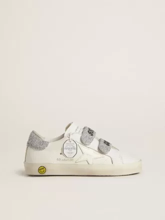 Teen Old School i vitt läder med silverfärgad Swarovski-kristall på hälfliken och remmarna