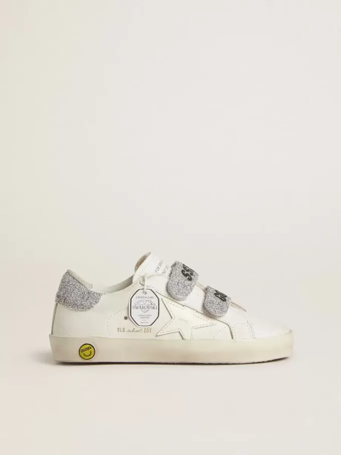 Teen Old School i vitt läder med silverfärgad Swarovski-kristall på hälfliken och remmarna Teen Old School i vitt läder med silverfärgad Swarovski-kristall på hälfliken och remmarna