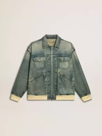 Tvättad jeansjacka för herr med ribbade detaljer i ullblandning